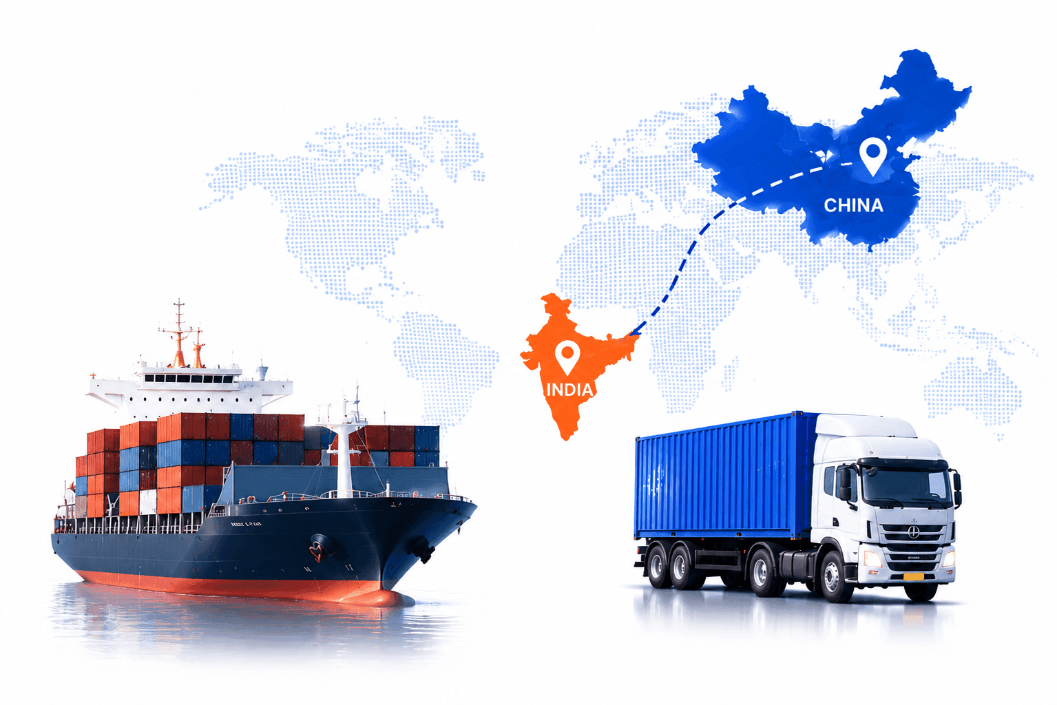 Cargo ship and truck with China-India trade route map